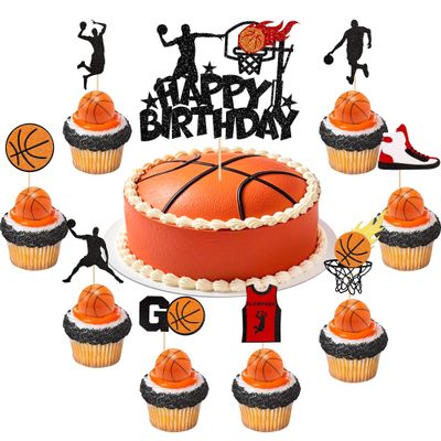 17 Pcs Basketball Happy Birthday Cake Toppers, Glitter Basketball Sports Theme Cupcake Decorations Suitable for Basketball Player Party, Birthday Party Cake Decoration Supplies