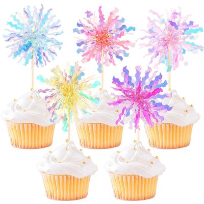10 Pieces Foil Firework Cupcake Toppers, Sparkle Tinsel Firework Cake Toppers Suitable for Cake Decorating Cocktail Food Fruit Toothpicks Party Supplies - Five Colors