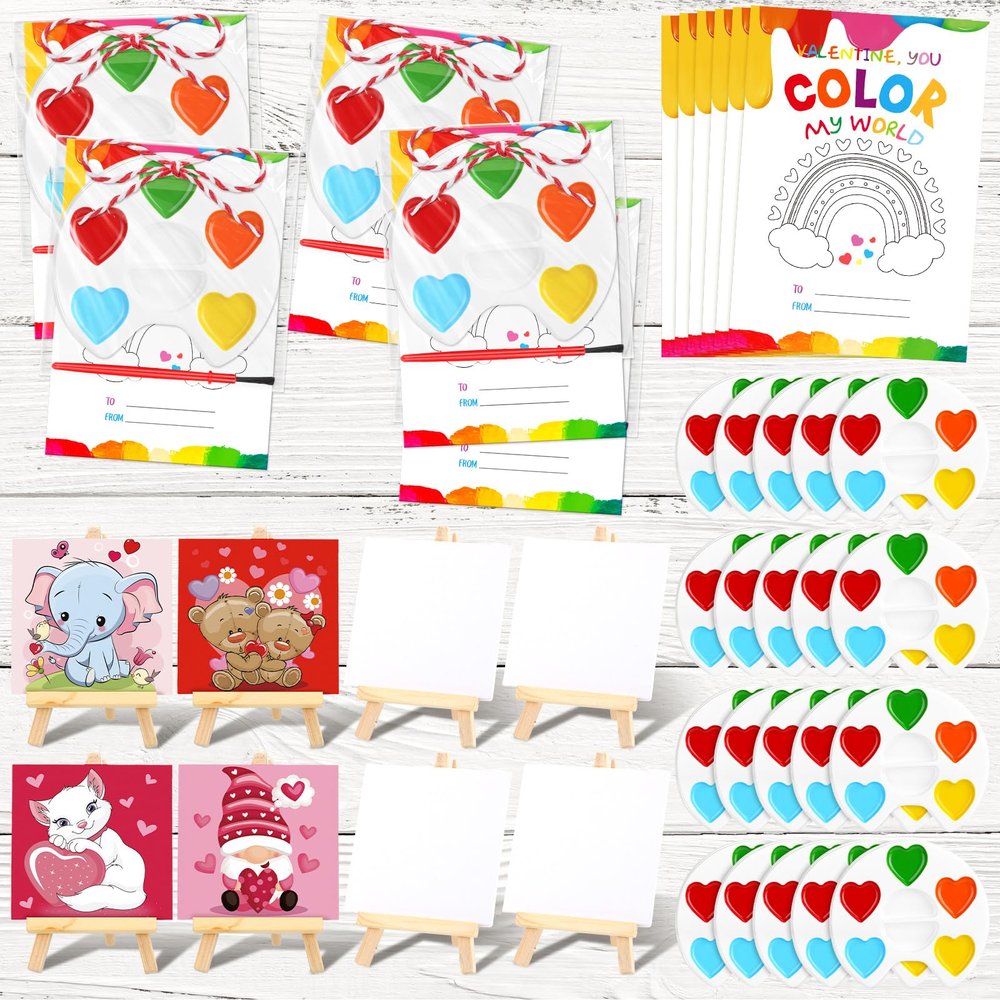 Daifunli 72 Pcs Valentine's Day Gifts for Kids Includes 24 Heart Shape Watercolor Paint Valentine's Day Cards and Canvas Panel with Wooden Easel Valentines Exchanges Party Favor(Classical Style)
