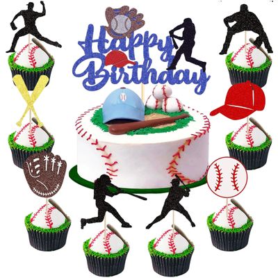 17 Pcs Baseball Happy Birthday Cake Toppers, Glitter Baseball Sports Theme Cupcake Decorations Suitable for Baseball Player Party, Birthday Party Cake Decoration Supplies