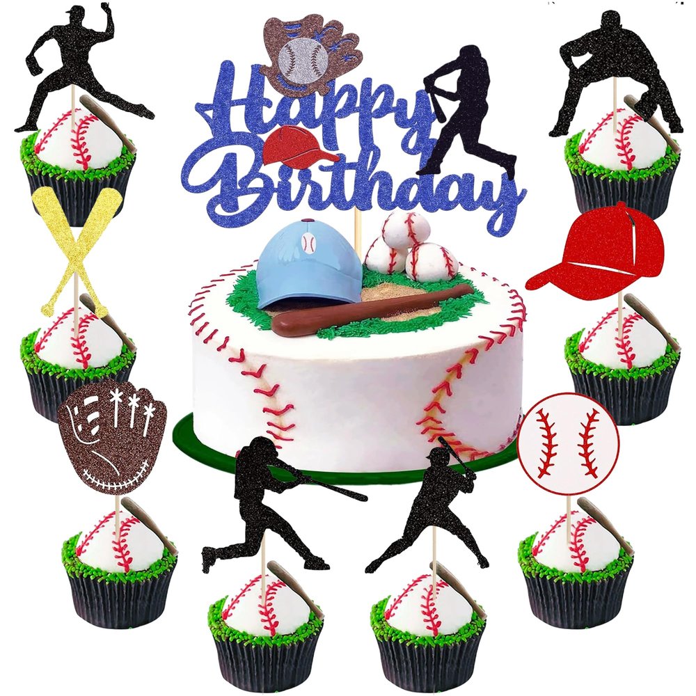 17 Pcs Baseball Happy Birthday Cake Toppers, Glitter Baseball Sports Theme Cupcake Decorations Suitable for Baseball Player Party, Birthday Party Cake Decoration Supplies