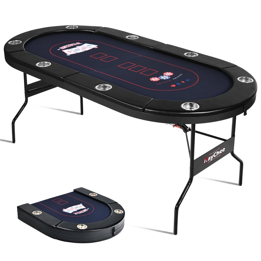 8 Player Poker Table Foldable, 72 Texas Holdem Poker Table, Portable Casino Table for Game Room, Folding Oval Blackjack Game Table w/Padded Rails and Cup Holders, No Assembly Required (Black)