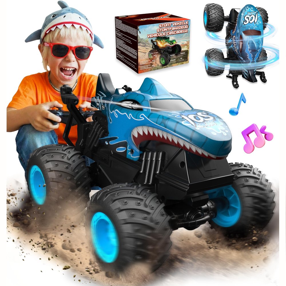 BEZGAR Monster Truck Toys - Remote Control Monster Truck with Light & Music, Dinosaur Toys for Kids, 1:20 Scale RC Truck with 360 Spins and Drifting, Remote Control Car for Boys (Blue)