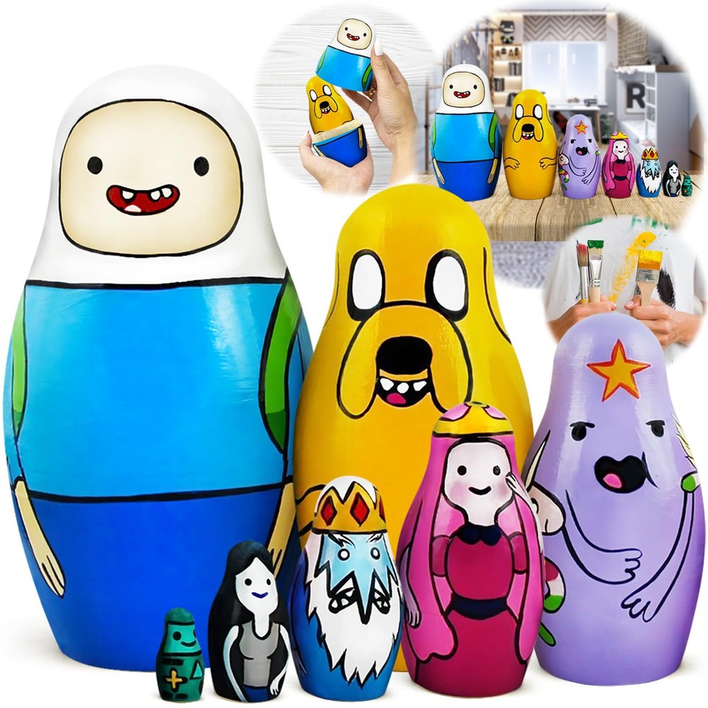 AEVVV Adventure Time Heroes Figures - Wood Nesting Dolls Set 7 pcs - Wooden Russian Matryoshka 5.3"