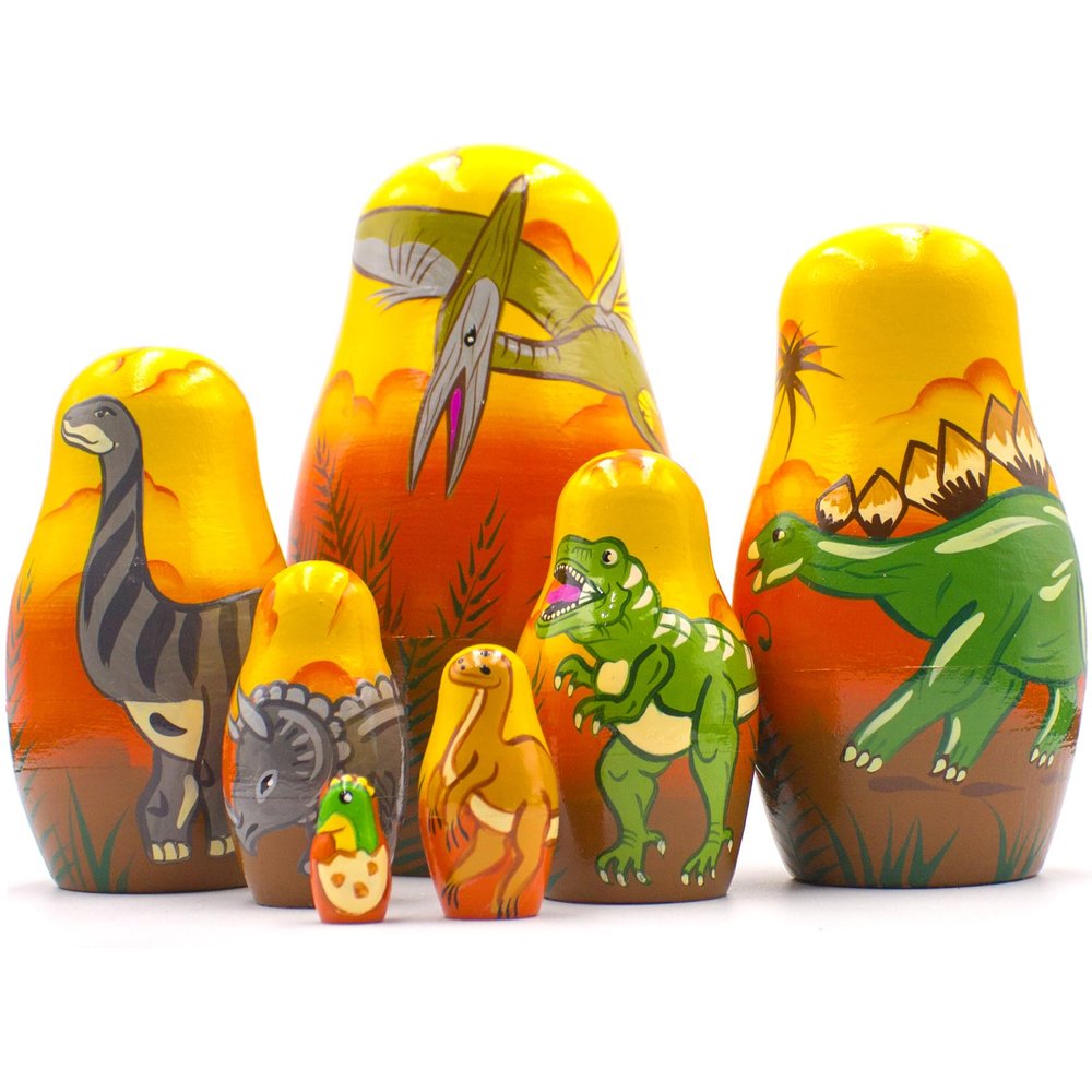 AEVVV Dinosaur Nesting Dolls Set of 7 pcs - Matryoshka Doll with Dinosaurus Figurines - Wooden Dinosaurus - Dinosaur Room Decor - Russian Nesting Dolls