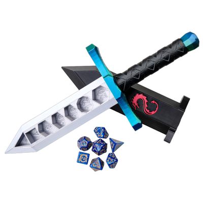 3D BEST-Q Dice Sword Holder (Dragon-Patterned 7PCS D20 Dice Set Included), Custom Polyhedral Dice Storage for Tabletop RPG - Dungeons and Dragons - DND - D&D (Blue&Green)