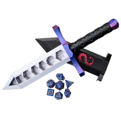 3D BEST-Q Dice Sword Holder (Dragon-Patterned 7PCS D20 Dice Set Included), Custom Polyhedral Dice Storage for Tabletop RPG - Dungeons and Dragons - DND - D&D (Purple&Blue)