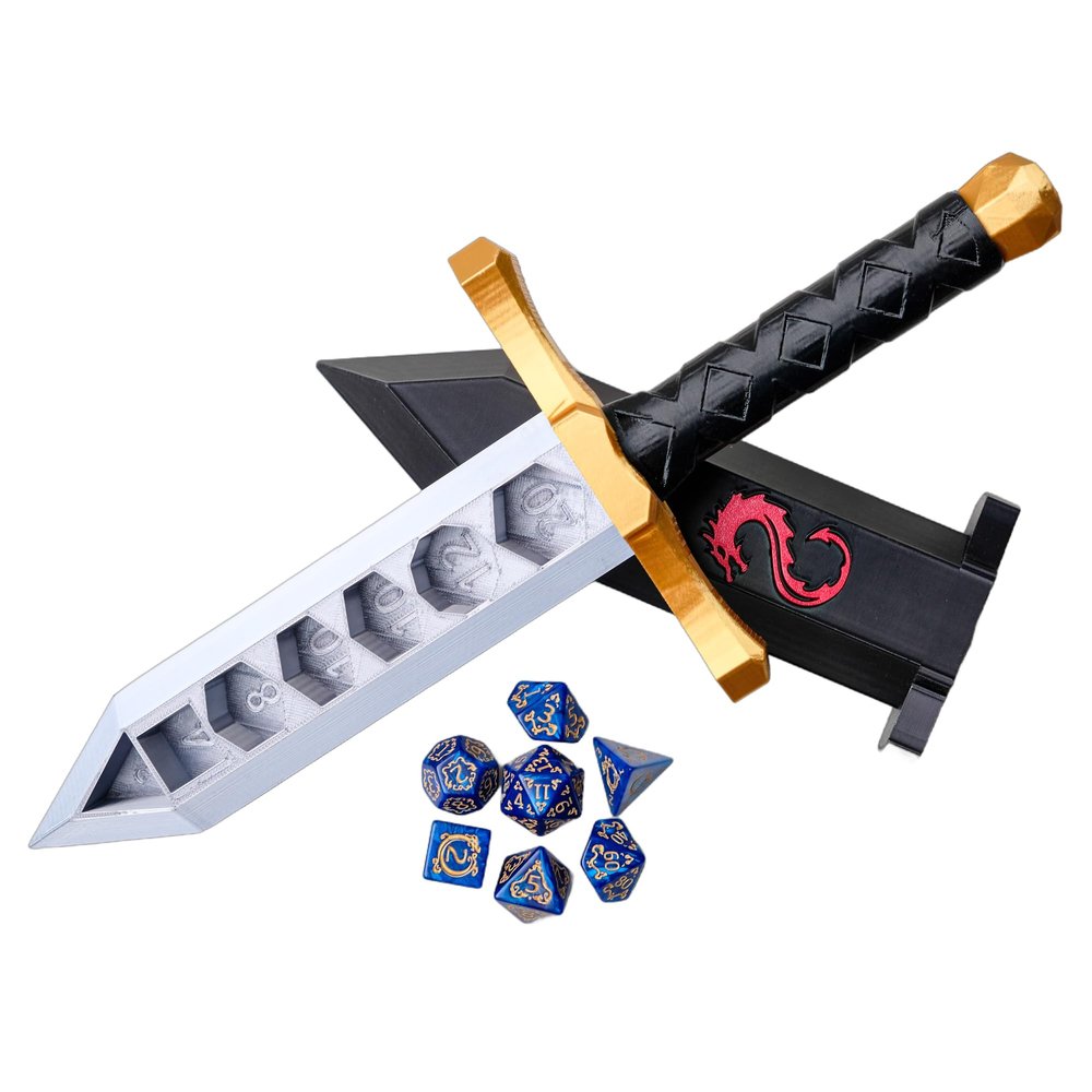 3D BEST-Q Dice Sword Holder (Dragon-Patterned 7PCS D20 Dice Set Included), Custom Polyhedral Dice Storage for Tabletop RPG - Dungeons and Dragons - DND - D&D (Gold)
