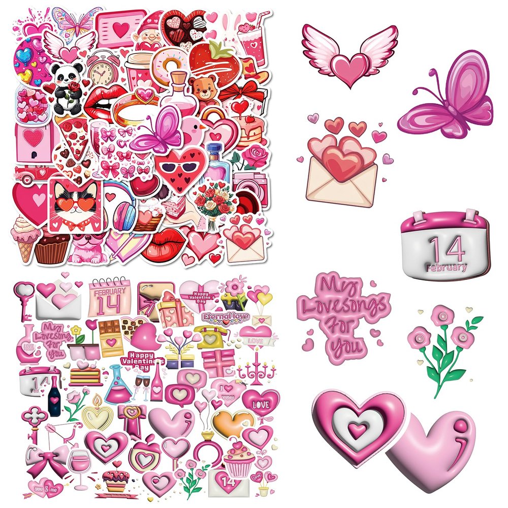 100 PCS 3D Valentines Day Stickers Love Theme Self-Adhesion Reward Stickers Bulk Vinyl Waterproof Decals for Kids Sticker-Bombing Gift Wrappings DIY Crafts Party Favors