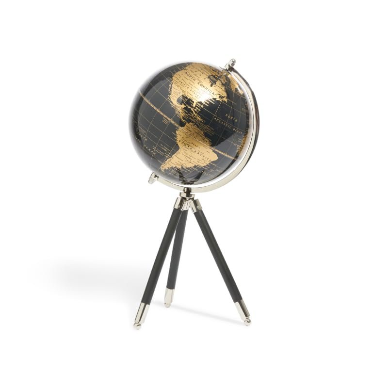 Decorative World Globe on Tripod Stand  17" Black and Gold Globe with Aluminum & Wood Base  Compact Desktop, Table & Shelf Accent for Home, Office, or Study