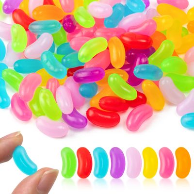 BkeeCten 100pcs Miniature Fake Jelly Beans Easter Decor, Mixed Colors Fake Candy Resin Charms, Cute Simulated Jelly Beans for Easter Egg Hunt Activity Spring Craft Supply Basket Decoration-0.6" x 0.3"
