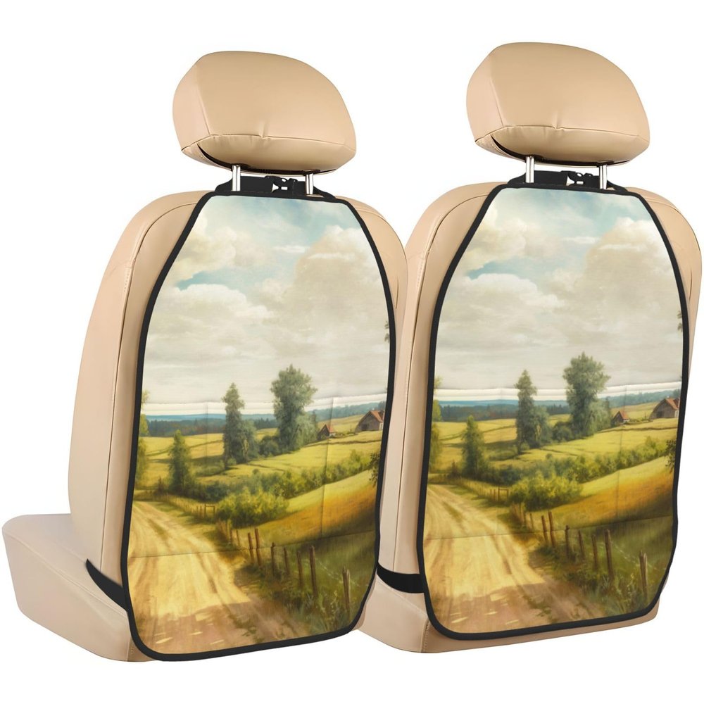 Gjieliness Sunny Road Car Seat Back Kick Protectors,2 Pack Rustic Farmhouse Kick Mats with Storage Pockets for Vehicles to Protect from Dirt Mud Scratches