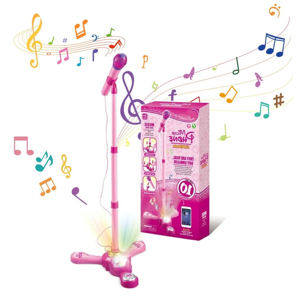 Kids Karaoke Machine with Adjustable Stand Kids Microphones for Singing Along with Rotational Flashing Stage Lights and Pedals Gift for Girls and Boys