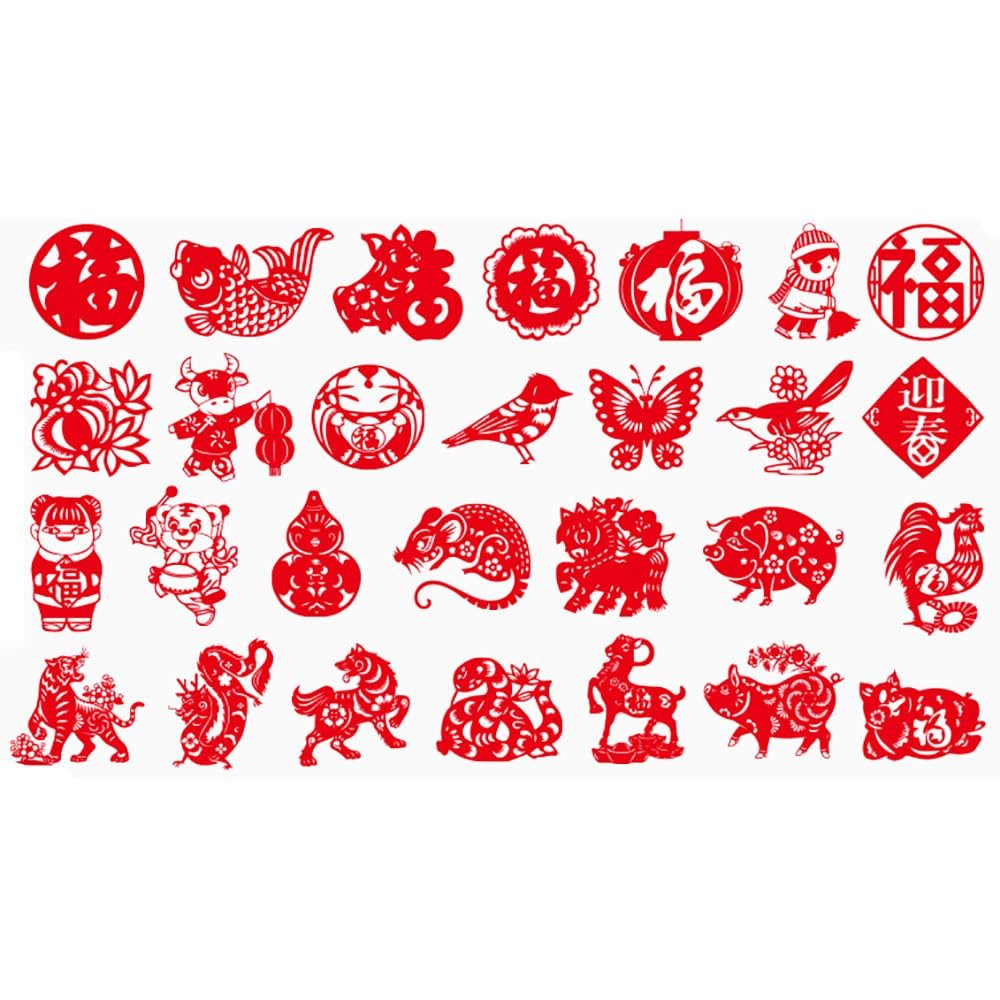 30PCS/90PCS Chinese Paper Cutting Kit, 6.69Inch/11.02Inch Fun Paper Art Crafts Kits for Window Decoration Spring Festival Chinese New Year Celebration Activity, Creative Handmade Paper-Cut