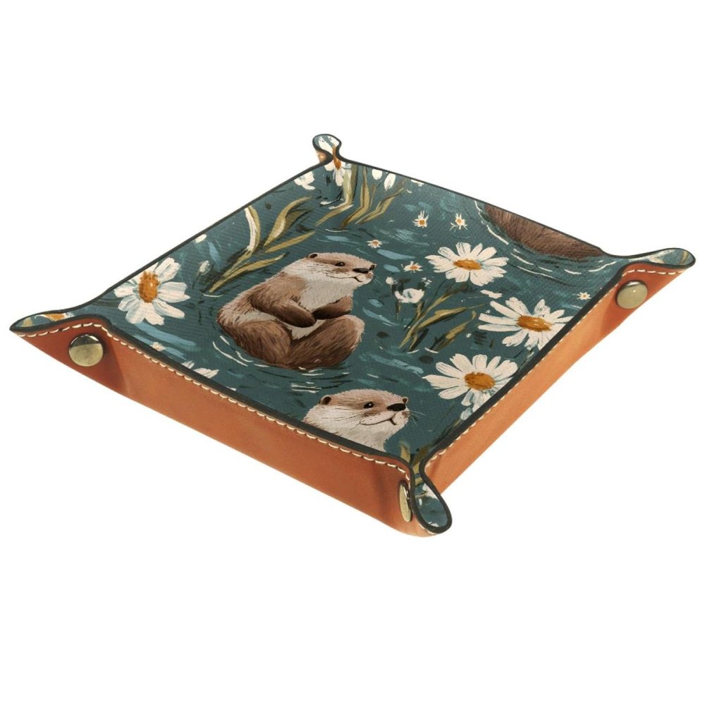 PU Leather DND Dice Trays Portable Dice Rolling Tray Large Storage Tray for Desktop Storage and RPG Board Games, Daisies Otters