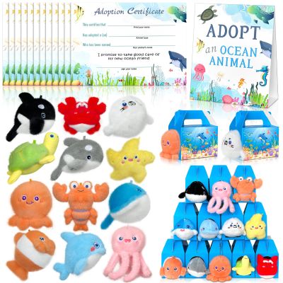 37 Pcs Adopt A Pet Ocean Animal Party Favors Include 12 Mini Plush Marine Shark Animals 12 Sea Animals Boxes 12 Adoption Cards 1 Adopt Signboard for Sea Animal Summer Party Pet Adoption Party