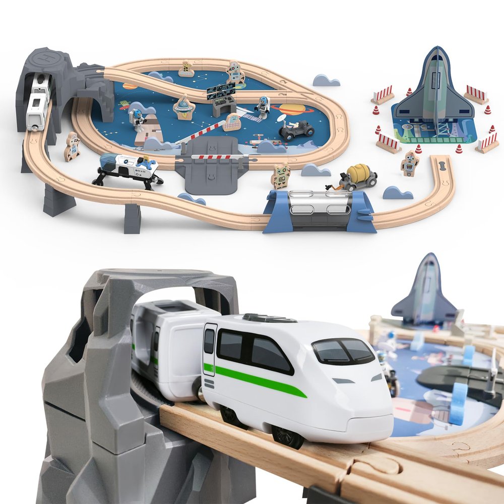 82 PCS Wooden Train Set for Toddlers, Space Train PlaySet with Tracks, Compatible Major Brands, Toy for Kids Ages 3+
