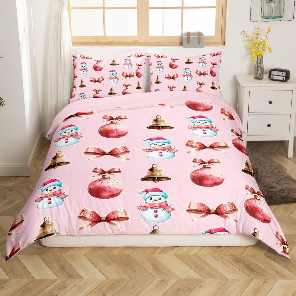 Christmas Bowknot Kids Bedding Sets Toddler Size,Pink and Golden Bow Small Bell Print Reversible Room Duvet Cover 2pcs,Cute Xmas Snowman Lovely Happy New Year Quilt Cover,1 Pillowcase (No Comforter)