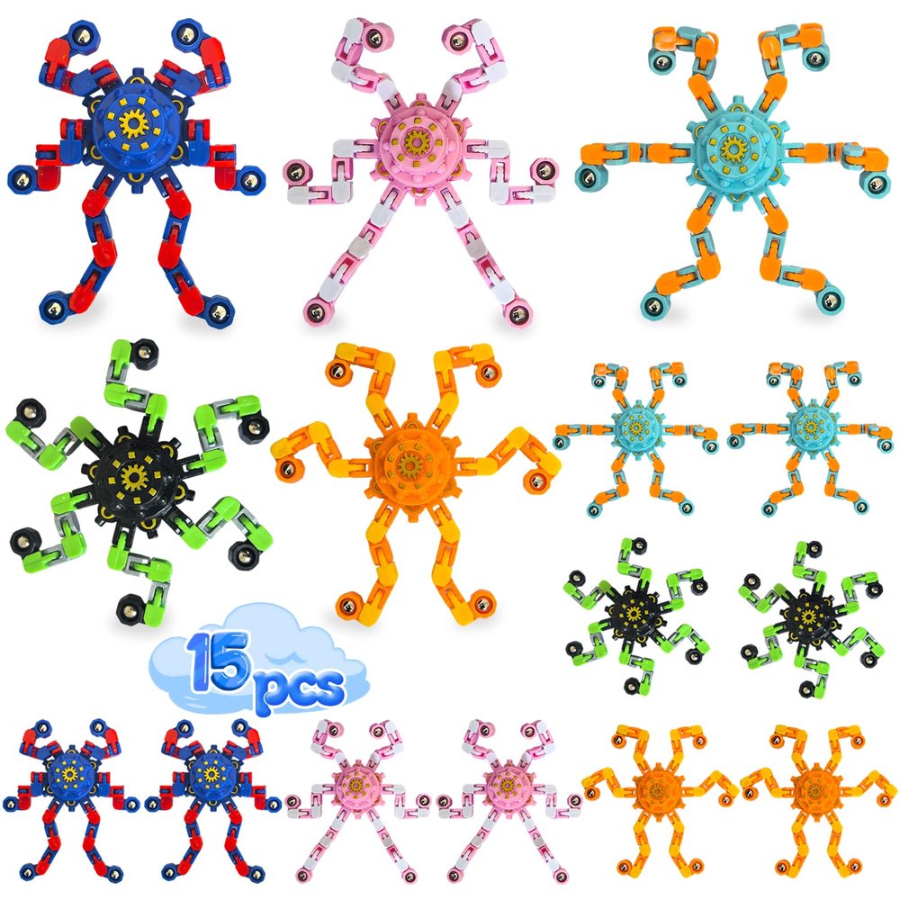 15 Pcs Fidget Spinner Toys Party Favors Gifts Prizes for Kids Adults Boys Girls,Transformable Robot Fingertip Stress Relief Gyro Sensory Toys for Autism,Treasure Box Toys Goodie Bag Stuffers