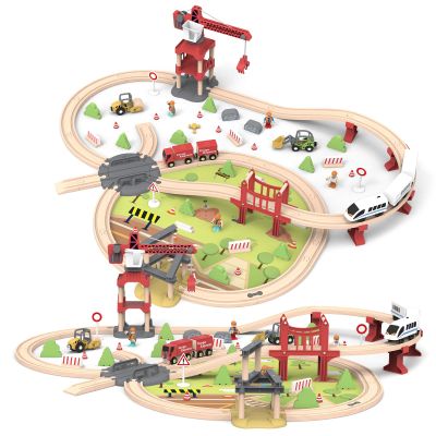 104 PCS Wooden Train Set for Toddlers, Construction Train PlaySet with Tracks, Compatible Major Brands, Toy for Kids Ages 3+