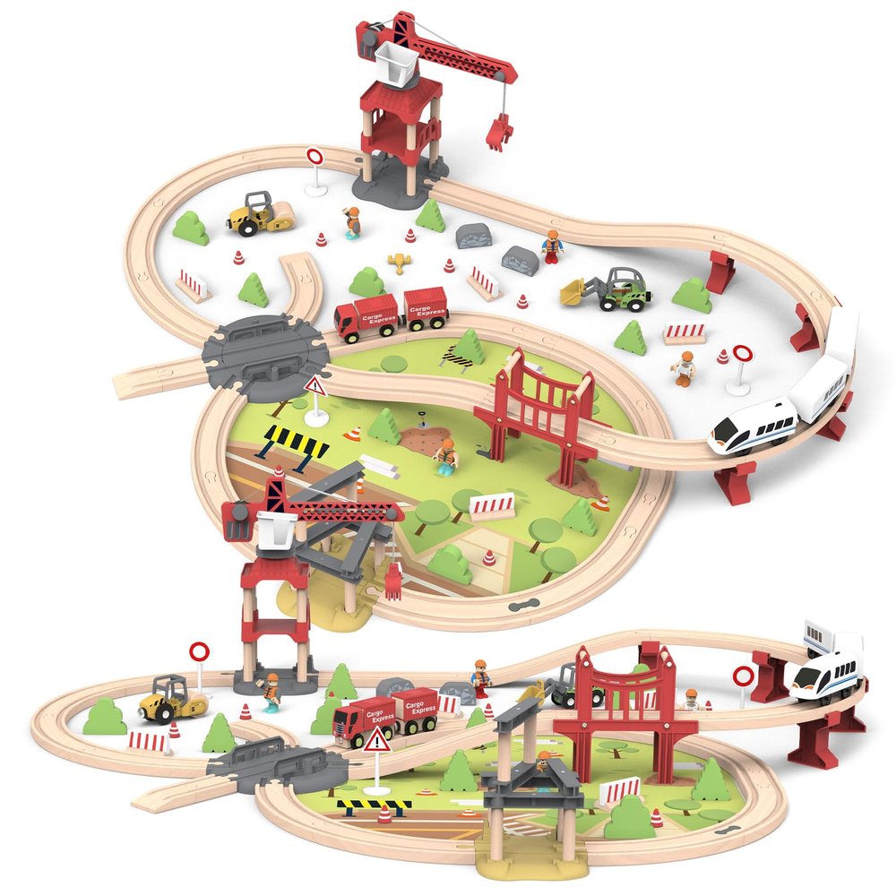 104 PCS Wooden Train Set for Toddlers, Construction Train PlaySet with Tracks, Compatible Major Brands, Toy for Kids Ages 3+