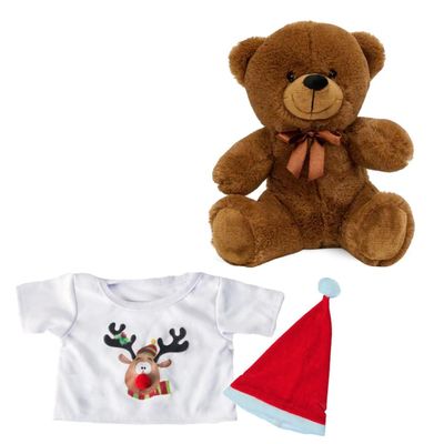 Brown Bear Christmas Plush Toy with Red-Nosed Reindeer T-Shirt and Santa Hat - 9 Inch Classic Holiday Stuffed Animal for Christmas Decorations and Gifts