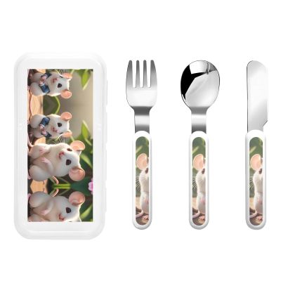 Children's knife, fork and spoon tableware 3-piece set, portable reusable tableware, Mother and child rats children's diet protection tableware set