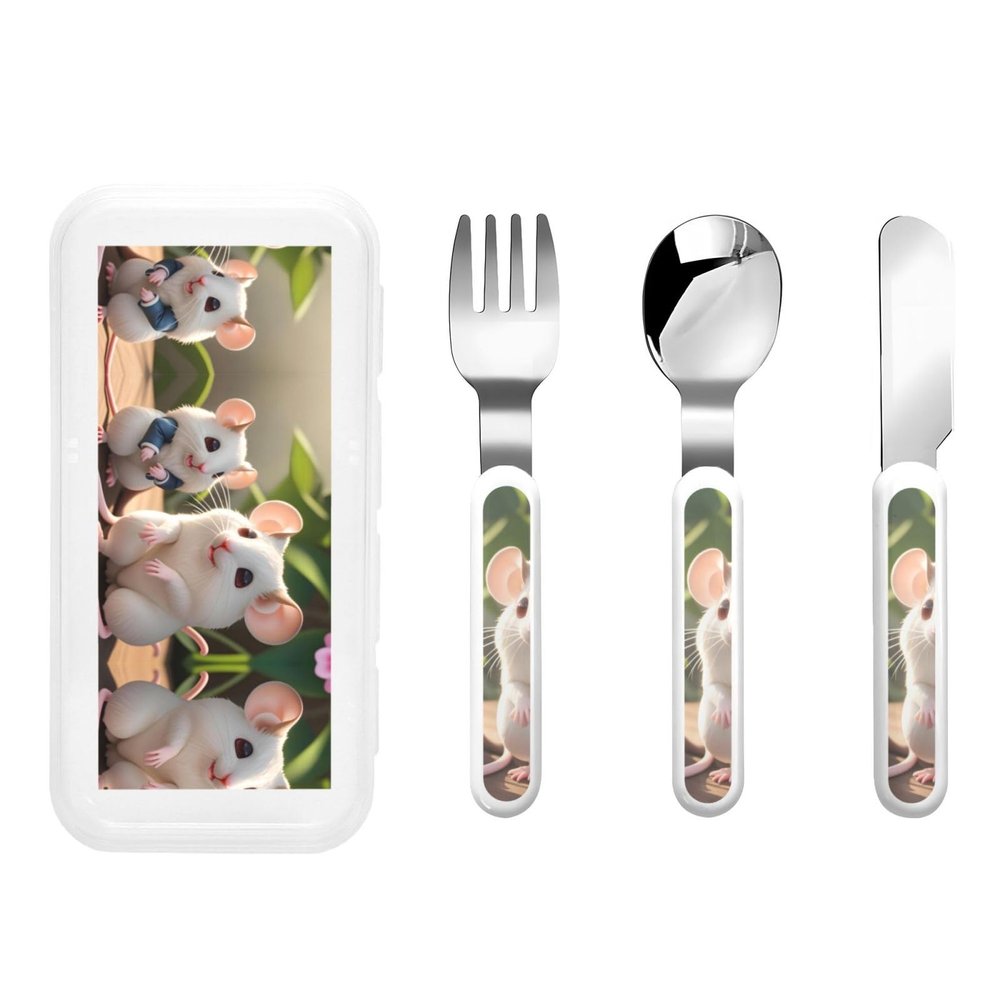Children's knife, fork and spoon tableware 3-piece set, portable reusable tableware, Mother and child rats children's diet protection tableware set