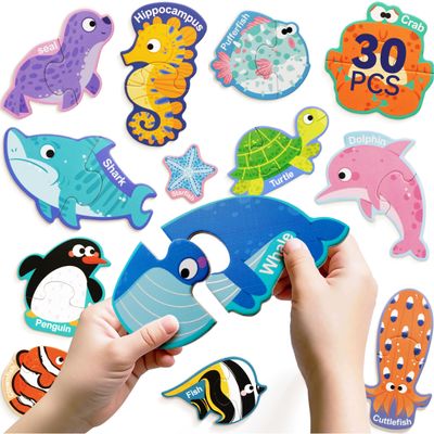 Dotimo 30 pcs Magnetic Puzzle of Fun Ocean Animals - Colorful Puzzles for Kids Aged 3+ - A Magnetic Educational Learning Toy for Toddlers Aged 3-5 to Develop Hand-Eye Coordination