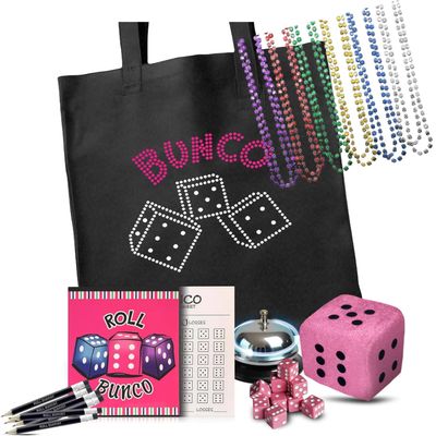 Bunco Game Kit with Crystal Tote Bag - Includes 9 Pink Dice, Bunco Score Sheets, Pencils, Bell, & 3 Inch Plush Dice W/ 1DZ Dice Mardi Gras Beads Necklaces