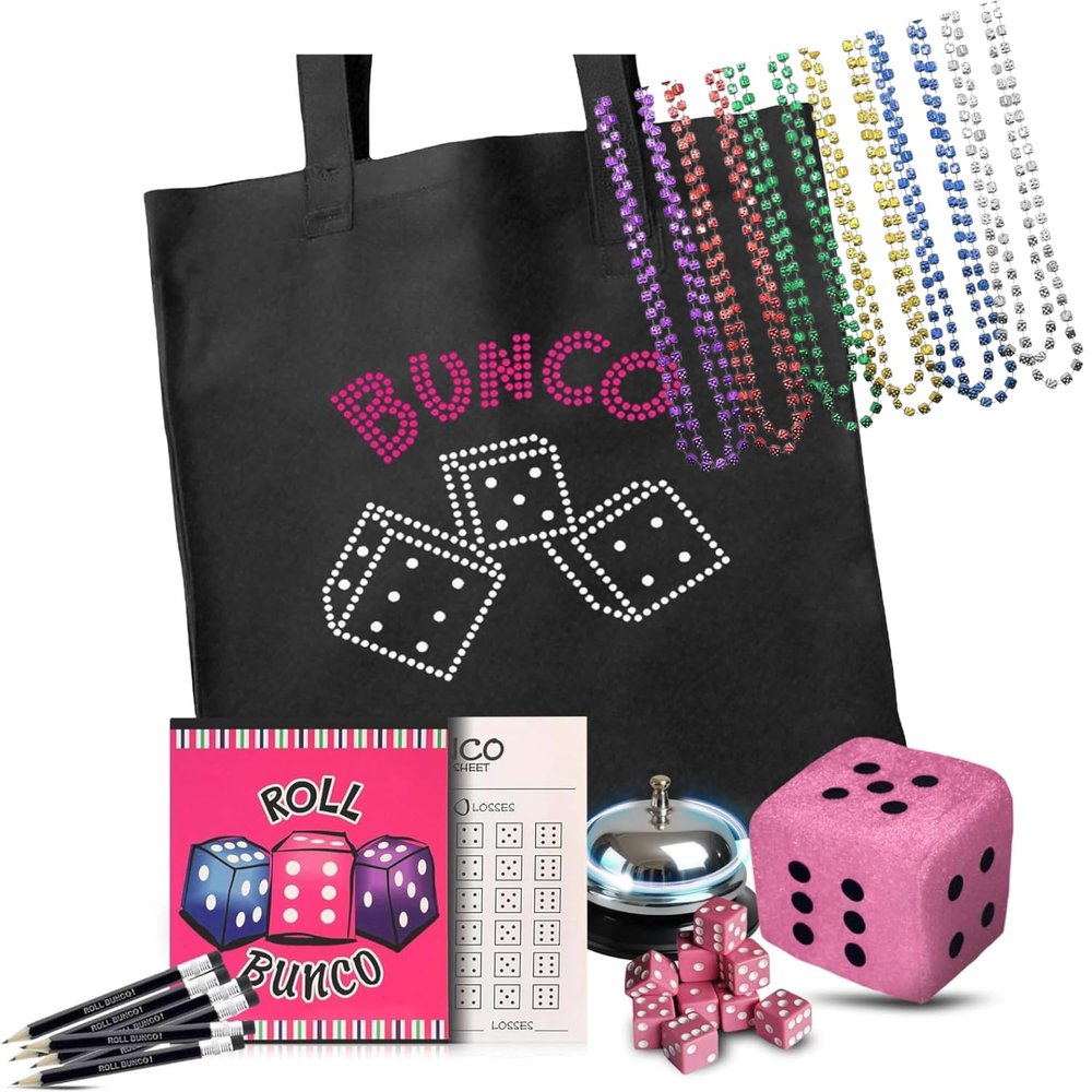Bunco Game Kit with Crystal Tote Bag - Includes 9 Pink Dice, Bunco Score Sheets, Pencils, Bell, & 3 Inch Plush Dice W/ 1DZ Dice Mardi Gras Beads Necklaces