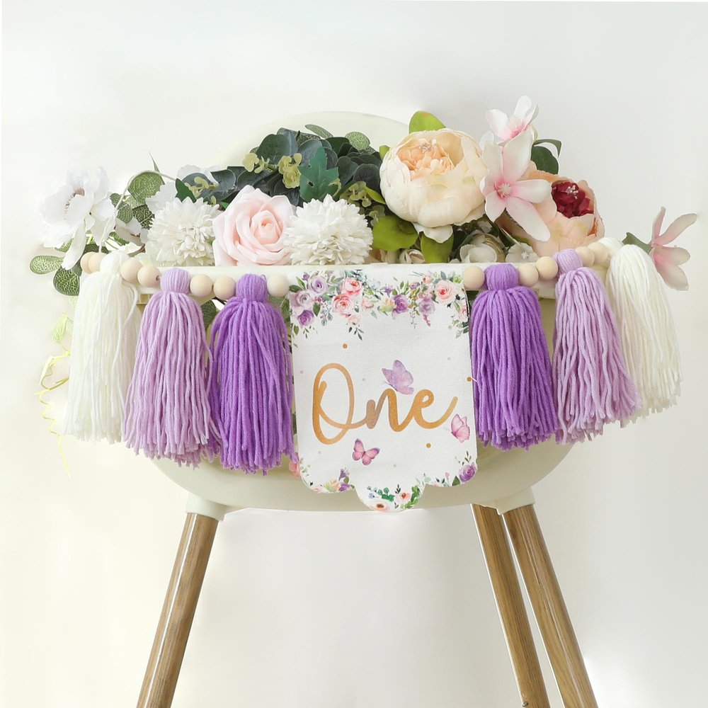 HODIHIWI Handmade Butterfly Flower 1st Birthday High Chair Banner Purple Party Decoration For Girls Boys Wall Hangings Decorative