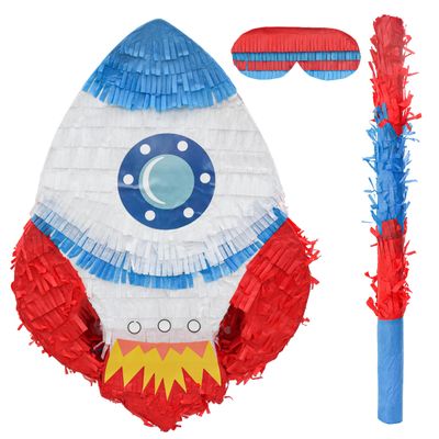 Birchio Rocket Pinatas Bundle with a Blindfold and Bat(16.5x11.4x4 Inches), Perfect for Boy's Birthday Party Supplies, Space Theme Birthday, Decoration for Kids Party