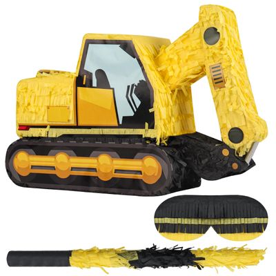 Birchio Excavator Pinatas Bundle with a Blindfold and Bat (16.5x11x4.7 inch), Pinata for Construction Theme Birthday Parties, Boys Birthday Party Supplies, Decoration