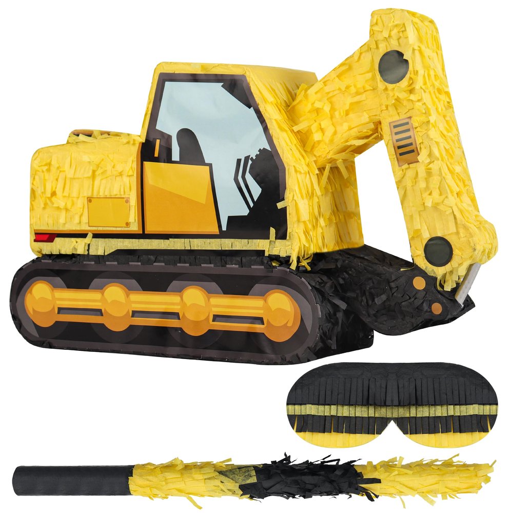 Birchio Excavator Pinatas Bundle with a Blindfold and Bat (16.5x11x4.7 inch), Pinata for Construction Theme Birthday Parties, Boys Birthday Party Supplies, Decoration
