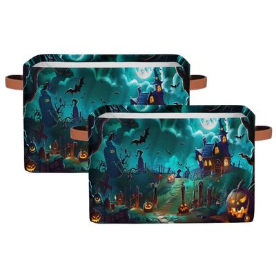 YPPAHHHH Halloween Pumpkin Storage Basket Bin Castle Moon Bat Storage Cube Box with Handles Large Foldable Toys Organizer Room Decor for Nursery Bedroom, 2 PCS