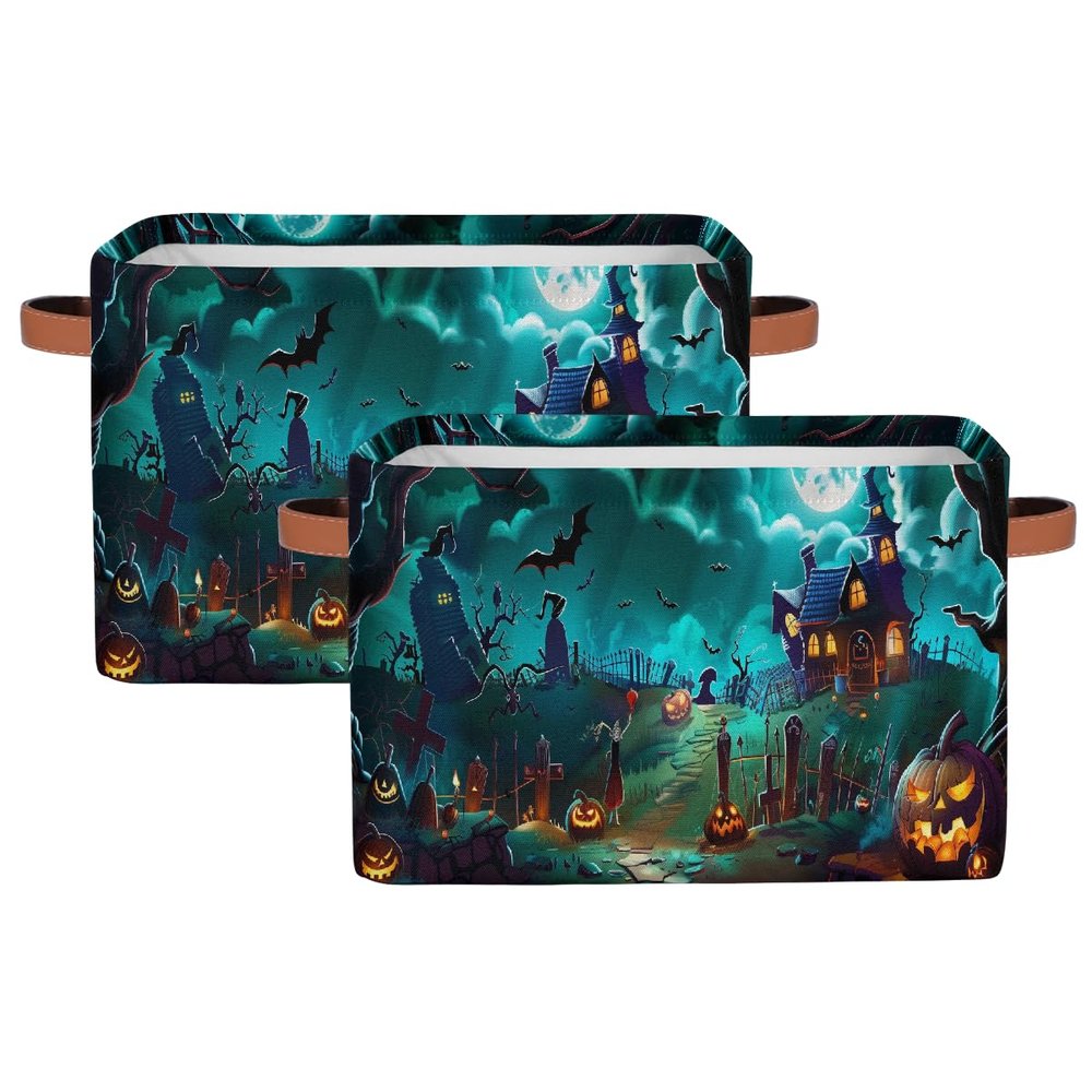 YPPAHHHH Halloween Pumpkin Storage Basket Bin Castle Moon Bat Storage Cube Box with Handles Large Foldable Toys Organizer Room Decor for Nursery Bedroom, 2 PCS