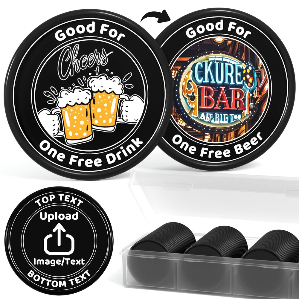 200-1000 Custom Plastic Poker Chips, Drink Chips Personalized Your Own Logo, Image and Text, Double Sided Full Color Printing Custom Tokens for Bar, Party, Business Cards and Promotions (Black)