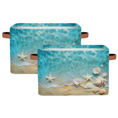 YPPAHHHH Starfish Seashell Storage Basket Bin Beach Ocean Storage Cube Box with Handles Large Foldable Toys Organizer Room Decor for Nursery Bedroom, 2 PCS