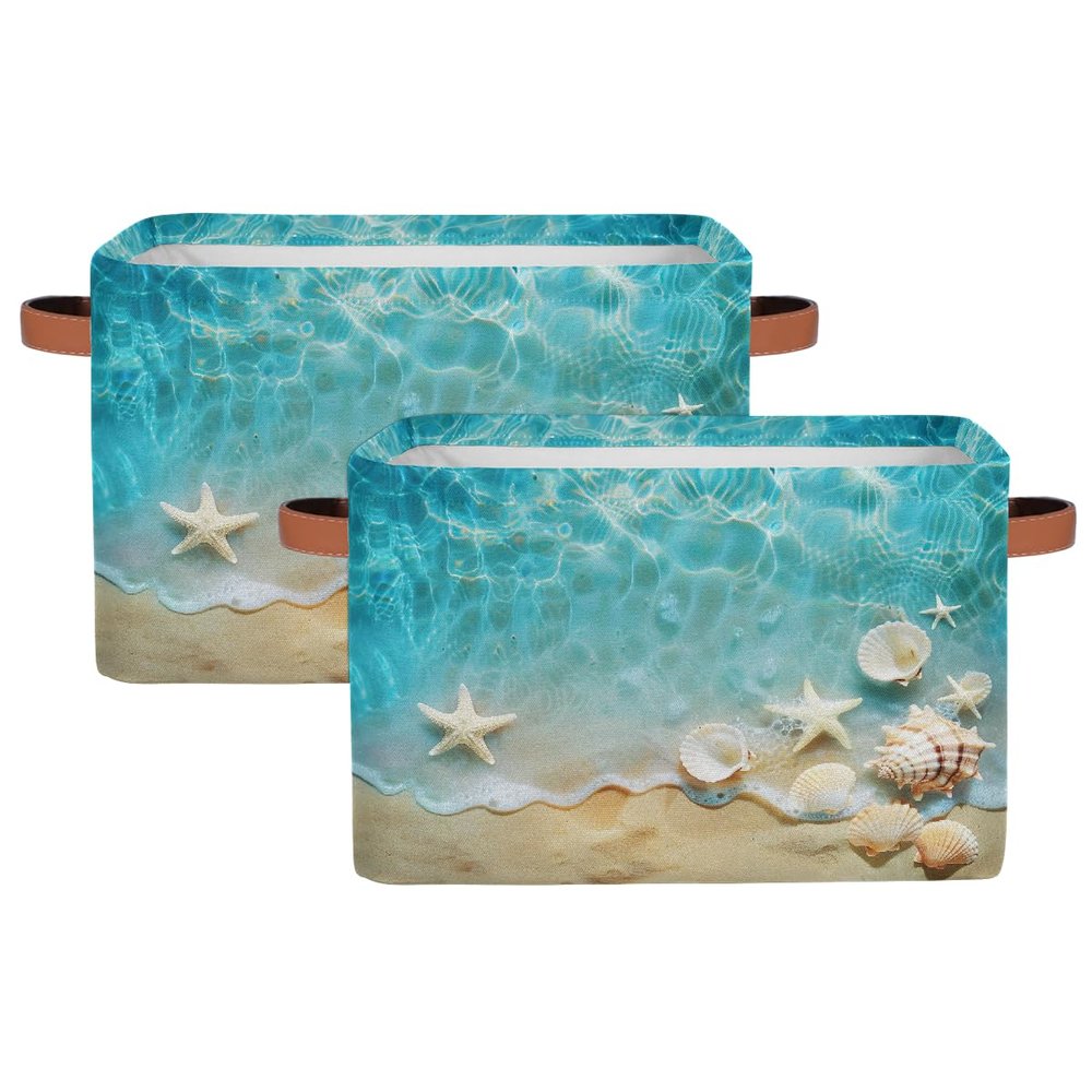 YPPAHHHH Starfish Seashell Storage Basket Bin Beach Ocean Storage Cube Box with Handles Large Foldable Toys Organizer Room Decor for Nursery Bedroom, 2 PCS