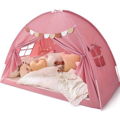 Bed Tent Twin, Bed Canopy for Kids Girls, Tents Toddler Portable Sleeping Tents Indoor, Pink Bunk Canopy Floor Playhouse for Twin Size Bed for Birthday Toy House Gift