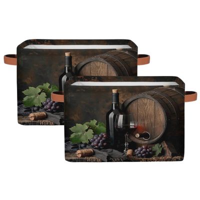 YPPAHHHH Red Wine Glass Grape Storage Basket Bin Wooden Barrel Storage Cube Box with Handles Large Foldable Toys Organizer Room Decor for Nursery Bedroom, 2 PCS