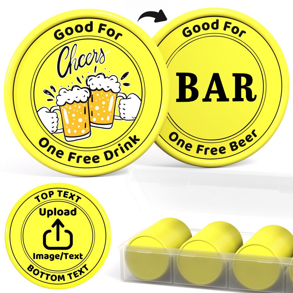 200-1000 Custom Plastic Poker Chips, Drink Chips Personalized Your Own Logo, Image and Text, Double Sided Full Color Printing Custom Tokens for Bar, Party, Business Cards and Promotions (Yellow)