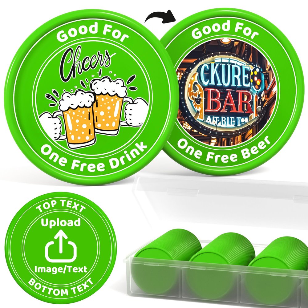 200-1000 Custom Plastic Poker Chips, Drink Chips Personalized Your Own Logo, Image and Text, Double Sided Full Color Printing Custom Tokens for Bar, Party, Business Cards and Promotions (Green)