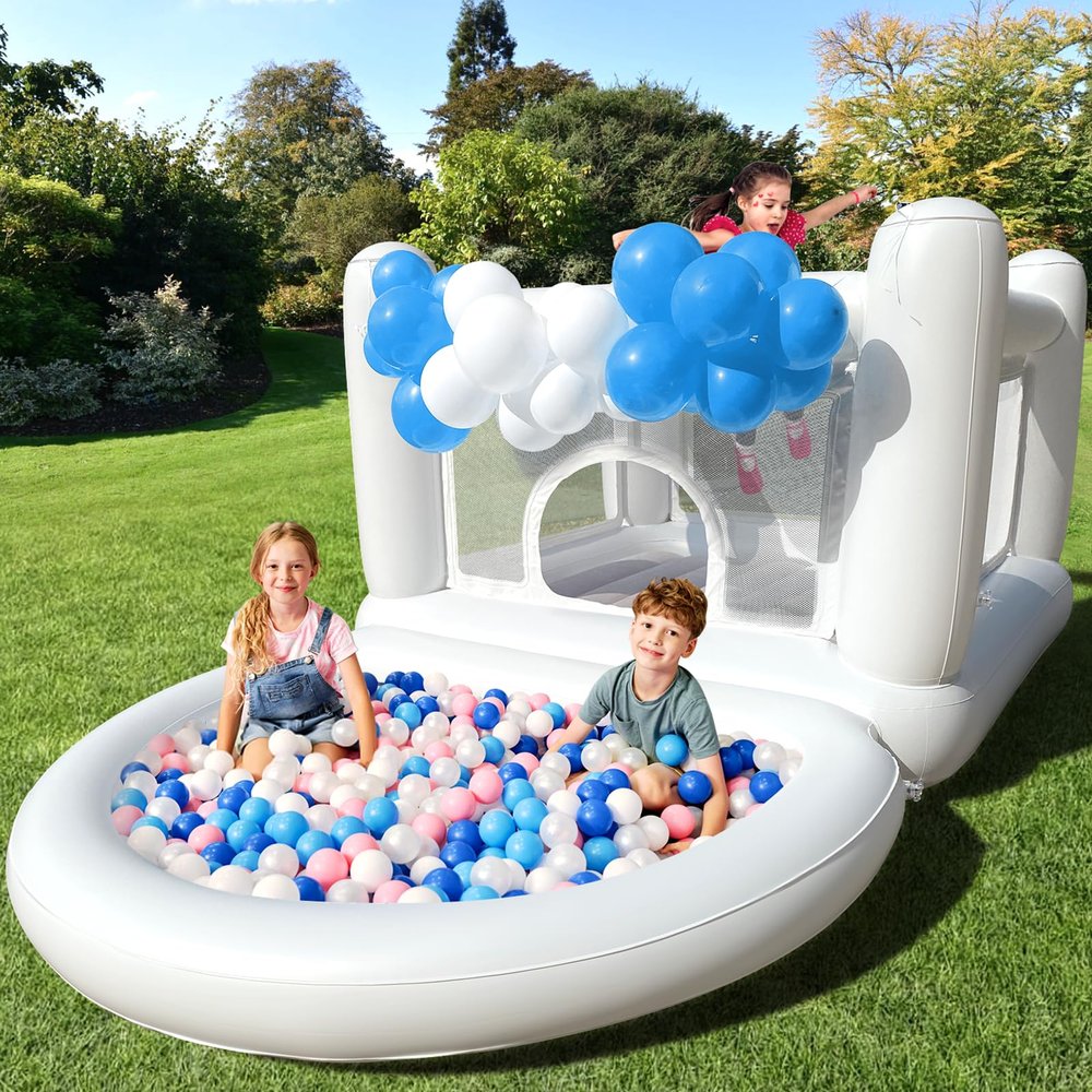 White Bounce House for Kids 2-8 Indoor Bouncy Castle with Pump Toddler Bounce House PVC Waterproof Materials Easy to Clean Outdoor Toddler Toys 68 x 68 x 58.2 inch (with Ball Pit)