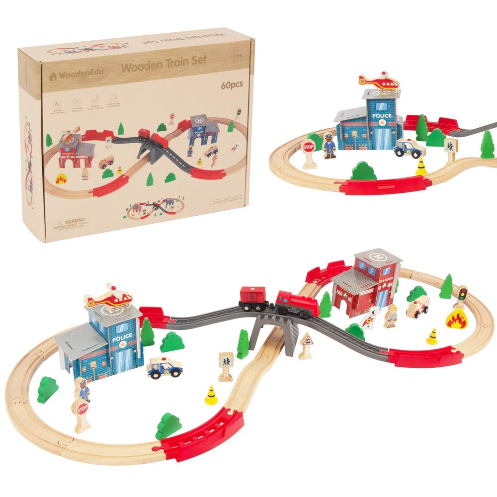 WoodenEdu Wooden Train Set for Toddler - 60 Pcs- with Wooden Tracks fits Thomas, fits Brio, fits Chuggington, fits Melissa and Doug - Expandable, Changeable-Train Toy for 3 4 5 Years Old Girls & Boys