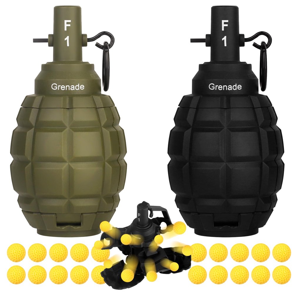 Tactical Toy Hand Grenade Bomb for Nerf CS Battle Game,2Pcs Fun Impact Pull Ring Fall Resistant Refillable Grenade Toy with 20 Foam Ammo for Outdoor 14+ Sport