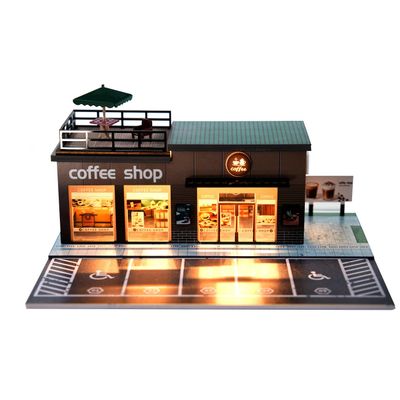 Cotymko 1/64 Diorama Garage, Model car Garage and Display case, Coffee House Diorama Display Parking lot with LED Lights and 5 Outdoor Parking Spaces for Toy car Collectors