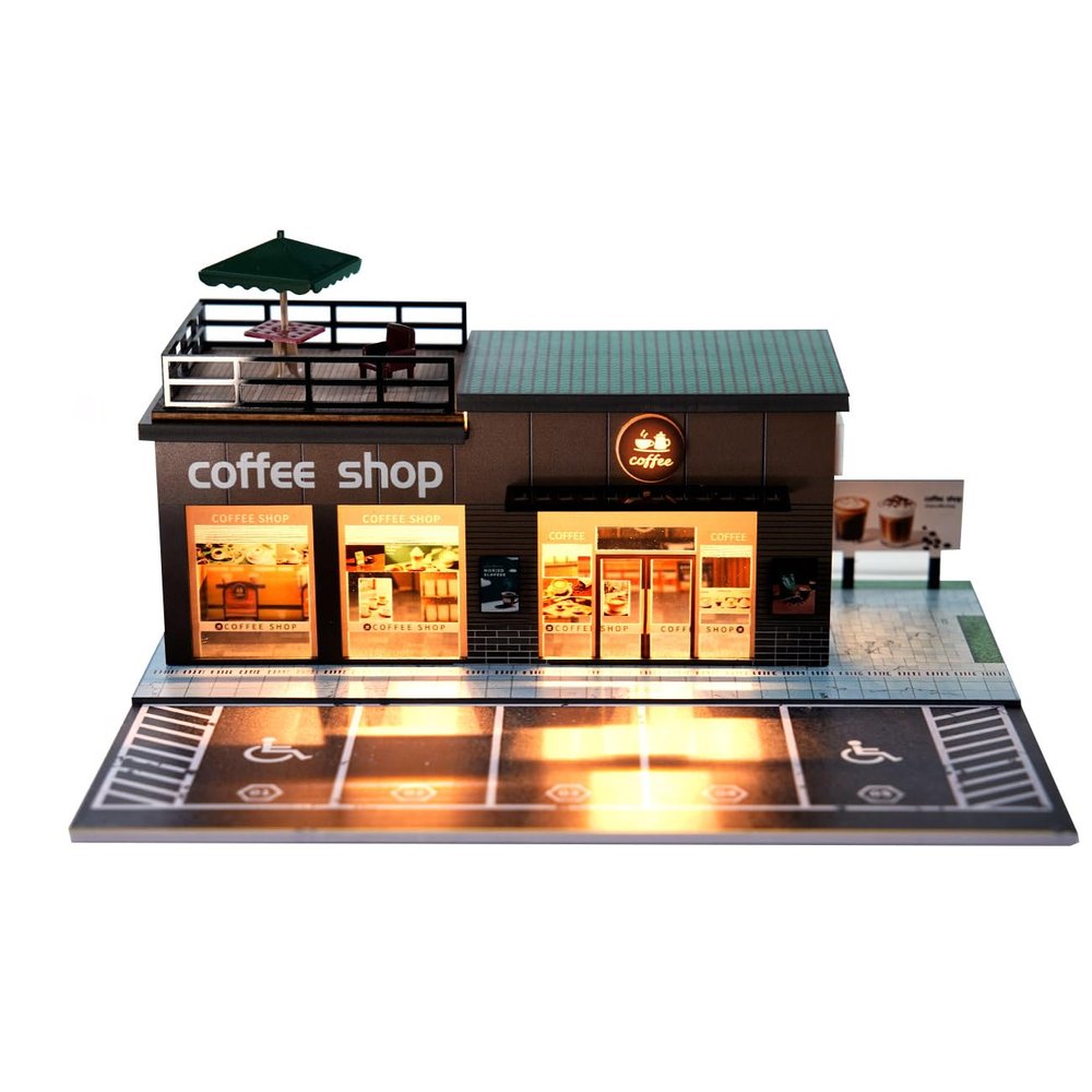 Cotymko 1/64 Diorama Garage, Model car Garage and Display case, Coffee House Diorama Display Parking lot with LED Lights and 5 Outdoor Parking Spaces for Toy car Collectors