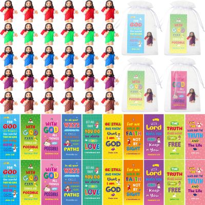 Barydat 50 Sets Mini Jesus Figures with Bible Verse Cards & Organza Bags for Christian Gifts Bulk Easter Sunday School Baptism First Communion VBS Gifts Religious Party Favors(Bible-Holding Style)